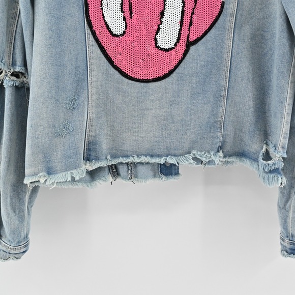 Tractr Womens Jean Jacket Size XL Pink Sequin Tongue Button Rolling Blue Stones - Picture 13 of 13